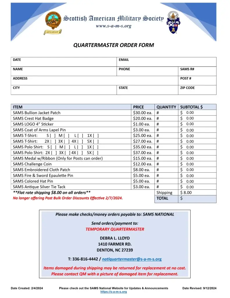 SAMS National Quartermaster Order Form